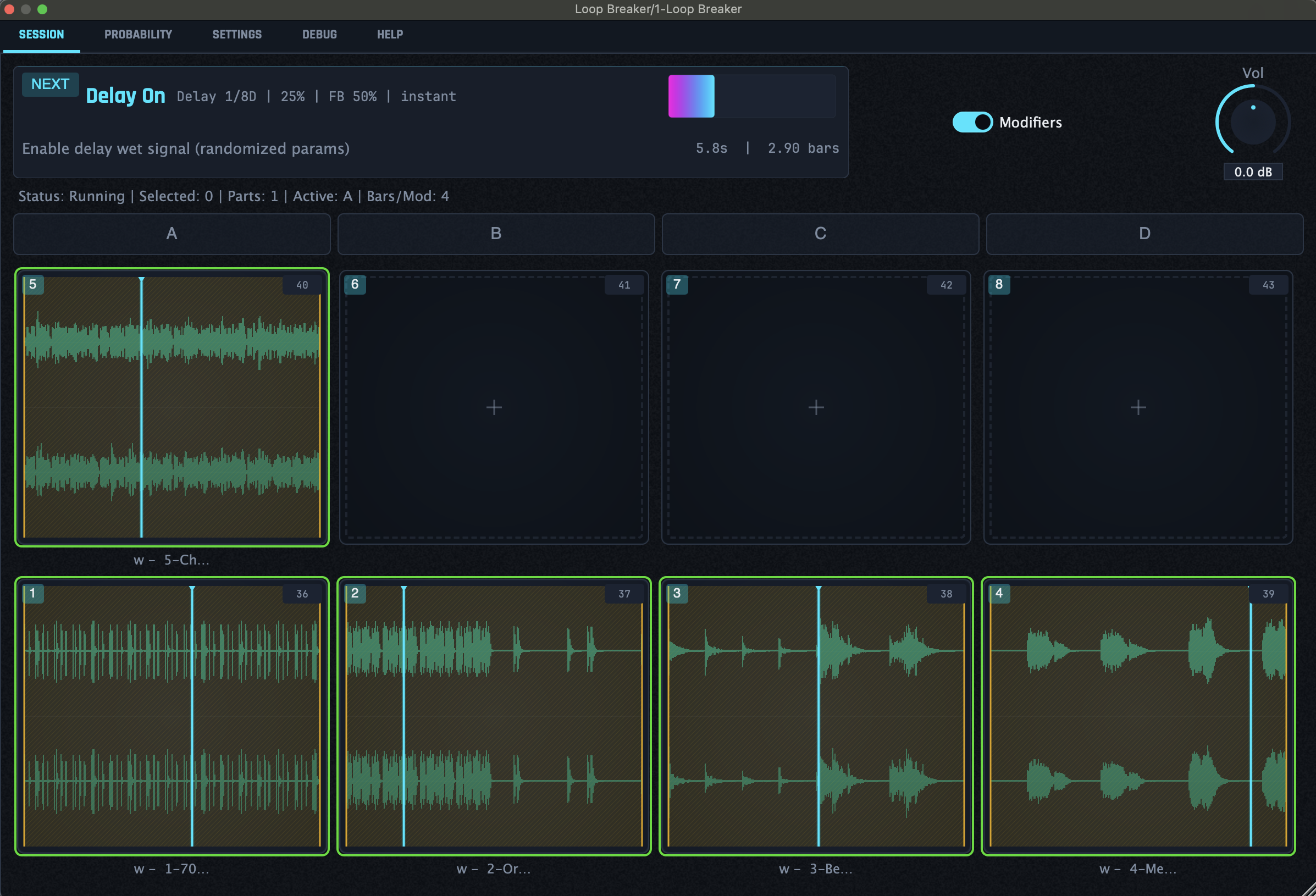 Loop Breaker plugin interface showing 8 sample pads, modifier engine, and waveform display